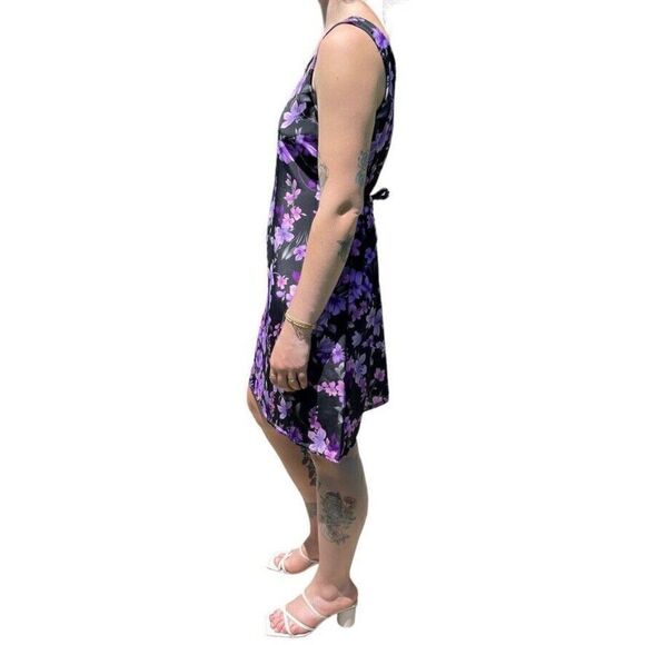 Vintage 90s Womens Purple Floral Tropical Hawaiian Mini Scoop Neck Dress Sz M - Picture 4 of 8